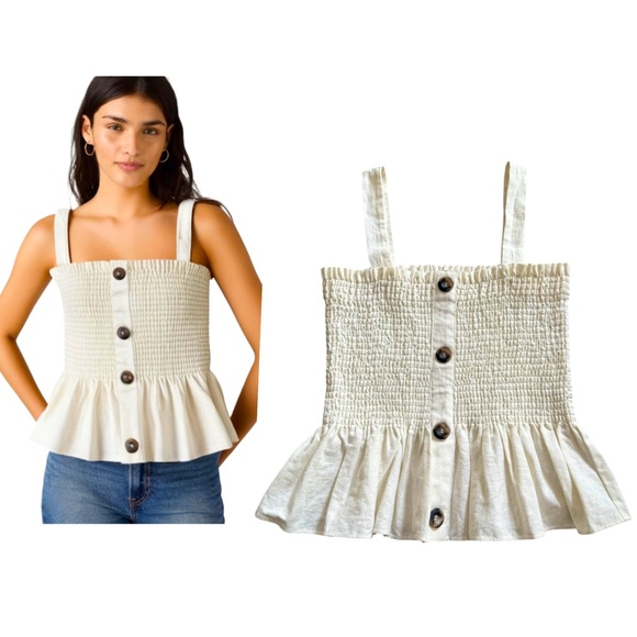 Socialite Tops - Socialite Cream Linen Peplum Button-Down Smocked Sleeveless Tank Top Size Medium